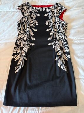 London Style Black Midi Dress with White Leaf Print and Red Trim